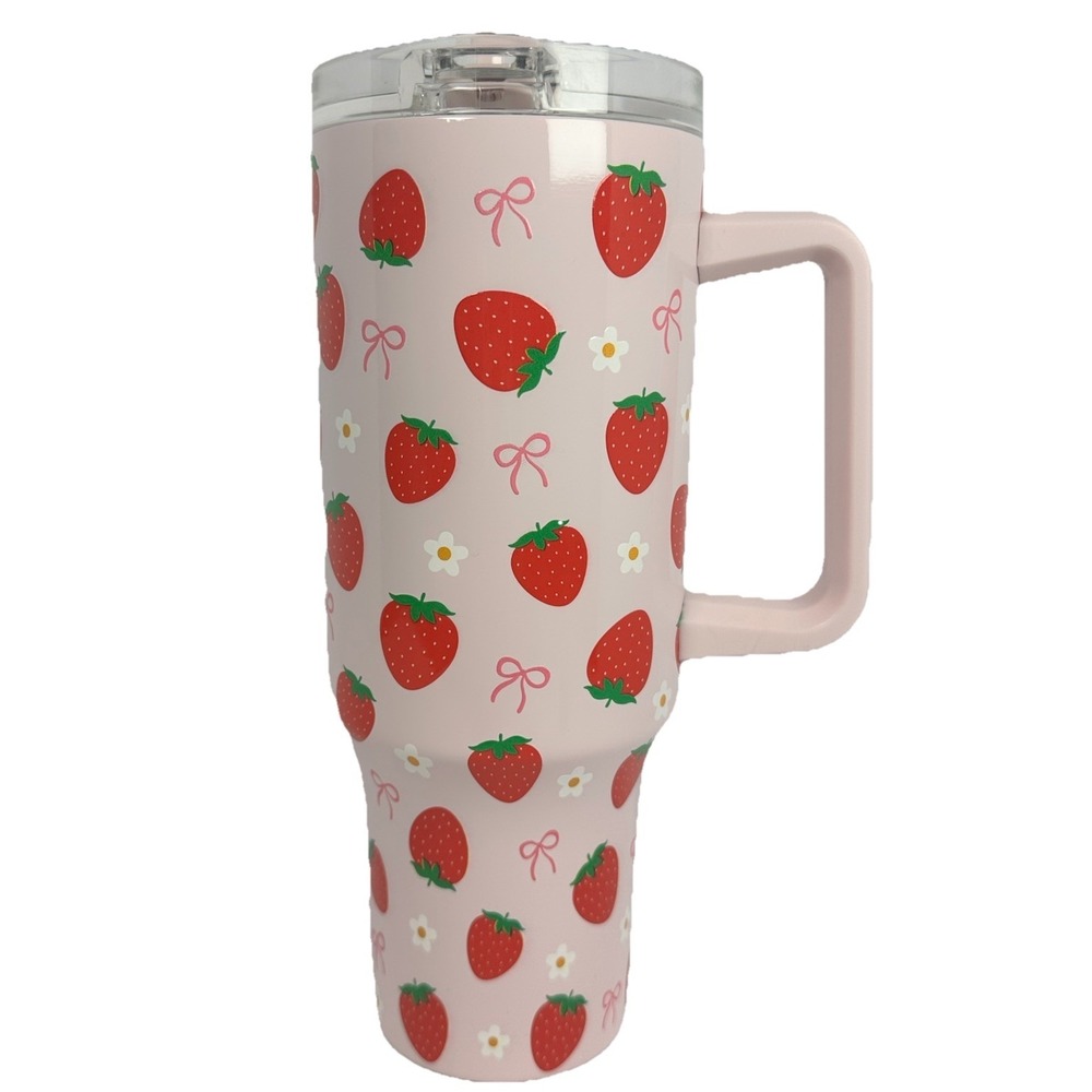 Strawberry Bow Tumbler‎ 40oz Pink Travel Mug Handle Lid Market Square Cute